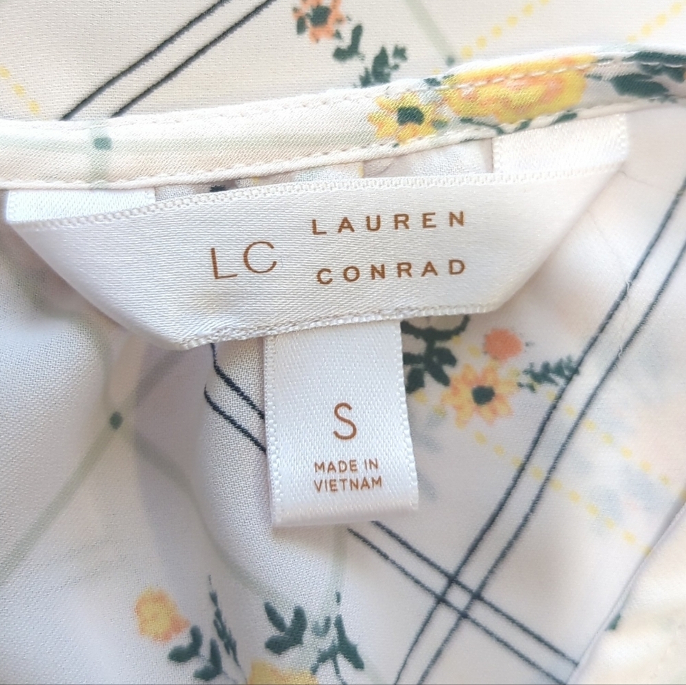 LC Lauren Conrad Cream w Yellow & Pink Floral Lightweight Top Keyhole Back Sze M - Picture 7 of 9